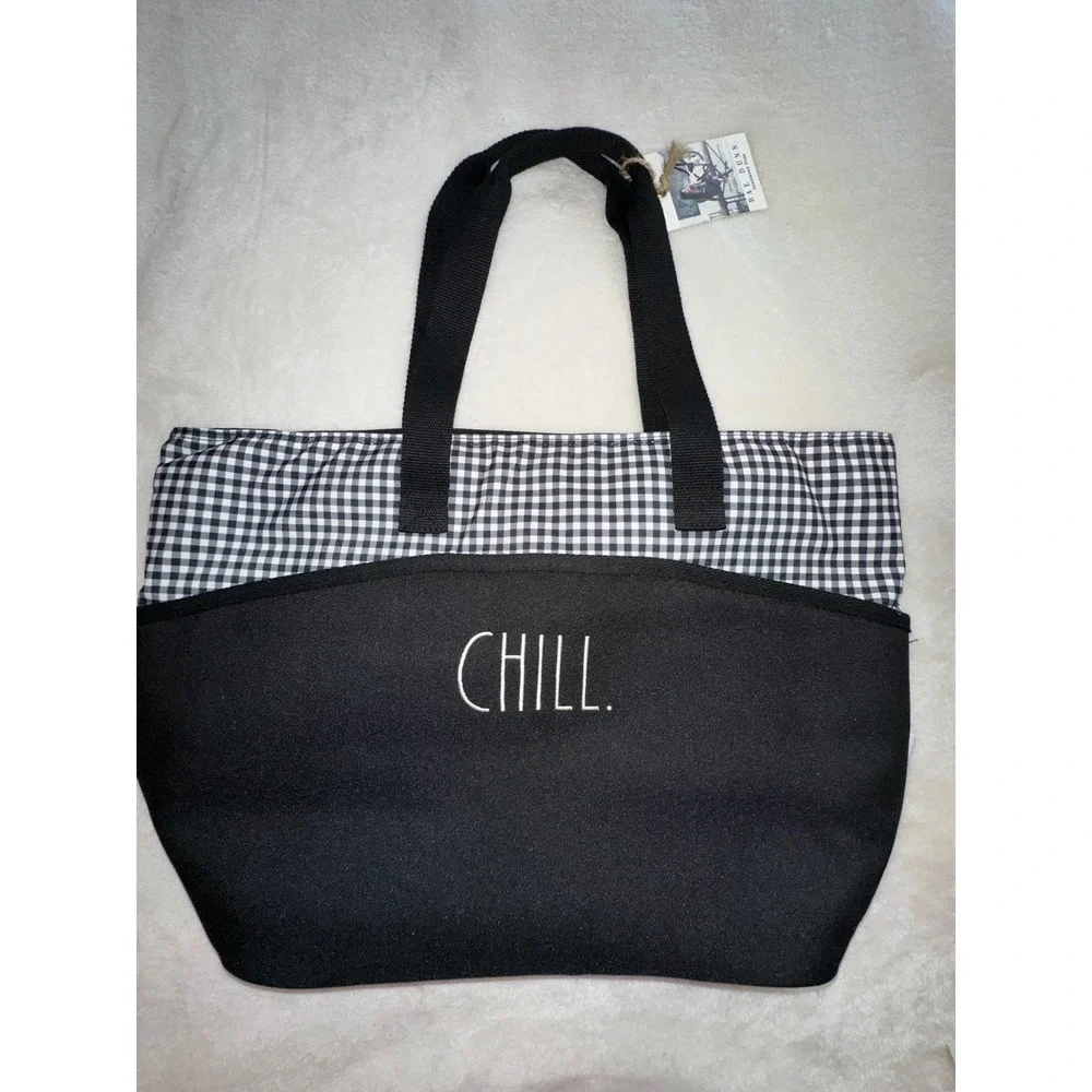 Rae Dunn Chill Insulated Lunch‎ Tote Bag Black White Gingham Check Picnic